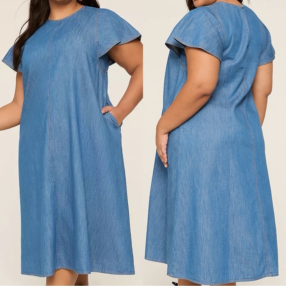 NWT Lane Bryant ‘Denim Flutter-Sleeve A-Line Dress’ in “Denim Wash” Plus Size 16